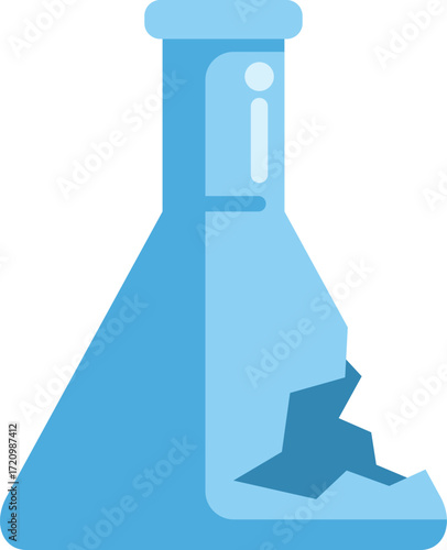 Blue erlenmeyer flask is broken, showing a failed experiment in a chemistry lab