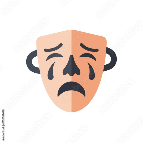 Theatrical tragedy mask suitable for theater posters, acting tutorials, emotion concepts, dramathemed design projects, grief counseling materials, and storytelling.