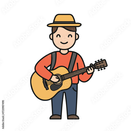 Cheerful man in a hat strums an acoustic guitar joyfully, perfect for musicrelated designs, promotions, or artistic projects.