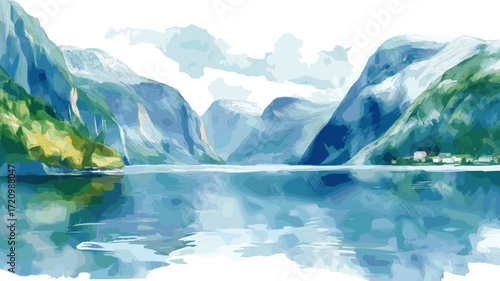 Geirangerfjord. Geirangerfjord watercolor vector illustration