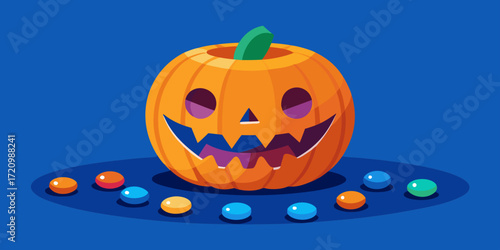 Illustration of a single, round jackolantern with a playful, purpletoothed grin sits on a dark blue surface surrounded by colorful candies, perfect for a festive halloween treat