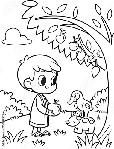 line art adam naming the animals in the garden of .eps