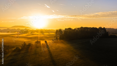 Sunrise Casting Long Shadows Over Foggy Fields and Trees