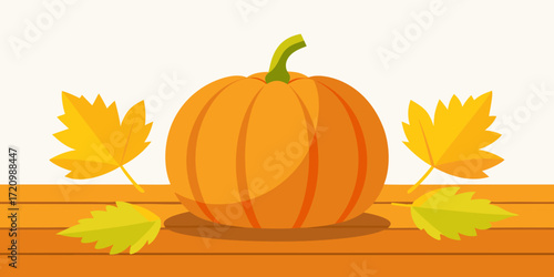Illustration of a vibrant orange pumpkin sits centered on a wooden surface, surrounded by falling yellow autumn leaves, symbolizing the harvest season and fall festivities