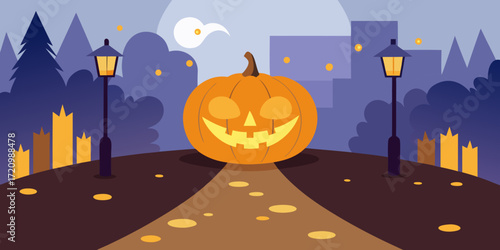 Illustration of a carved jackolantern sits on a path at night, illuminated by streetlights and candles, with a spooky cityscape in the background, perfect for halloween