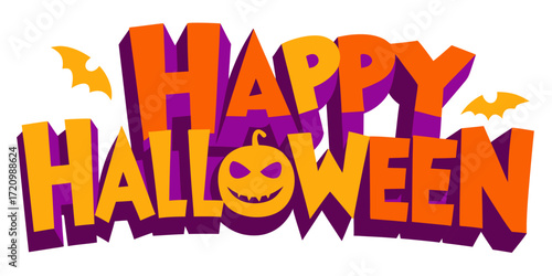 Illustration of vibrant 3d text graphic spelling happy halloween in bold orange and purple letters, adorned with small bat graphics and a central jackolantern, perfect for festive greetings