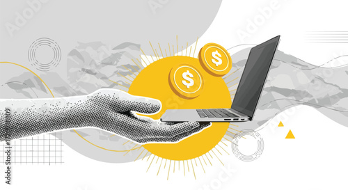 Securely access wealth and opportunity with a laptop presented on a vibrant, graphic background featuring golden coins and abstract design elements.