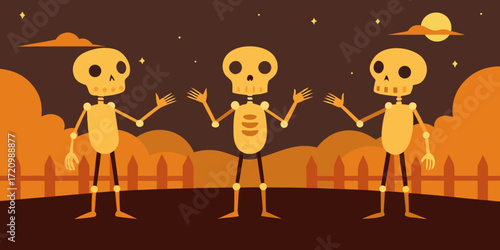 Illustration of three cartoon skeletons dancing together in a spooky halloween night scene with a fence, trees, and a moon in the dark sky, representing the fun and playful side of the scary holiday