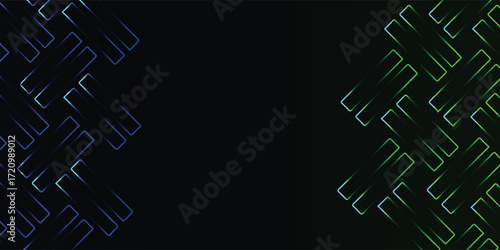 Abstract background featuring a pattern of angled, glowing rectangles in blue and green hues against a dark backdrop.