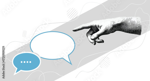A hand pointing towards two speech bubbles, one empty and one with dots, on a white background.