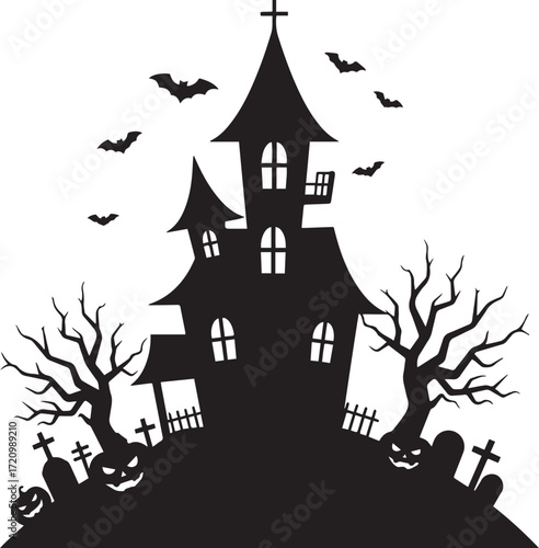 Haunted House on the Hill – Bats, Trees and Pumpkins Silhouette