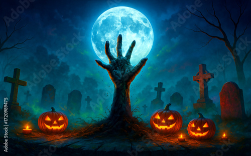 Happy Halloween, A zombie hand emerging from the ground, reaching toward a glowing pumpkin, Generative ai