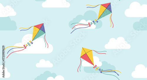 Colorful kites flying high in a bright blue sky filled with fluffy white clouds.