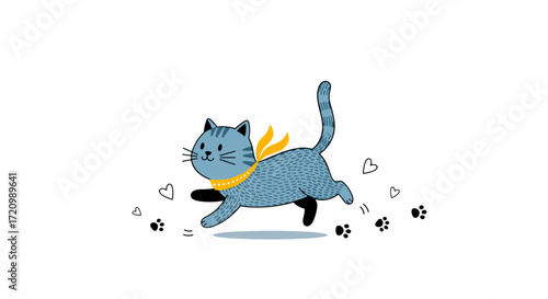 A cute blue cat with yellow scarf running happily through paw prints and hearts.
