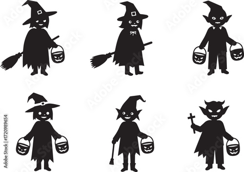 Halloween Kids Silhouette Set – Witch and Vampire with Pumpkin Buckets
