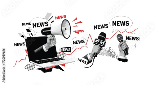 Collage of news-related elements including a megaphone, microphones, a laptop, and the word "NEWS" scattered around.