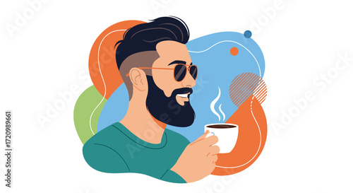 A stylish bearded man enjoying a hot cup of coffee in a colorful abstract background.