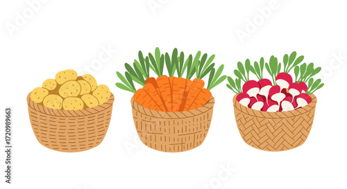 Three woven baskets overflowing with fresh produce including potatoes carrots and radishes.