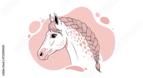 A close up of a horse with a braid in its mane and pink accents.