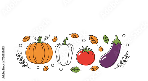 Autumn harvest vegetables including pumpkin bell pepper tomato and eggplant with leaves.