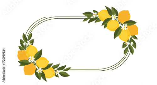 A decorative oval frame adorned with fresh lemons and green leaves.