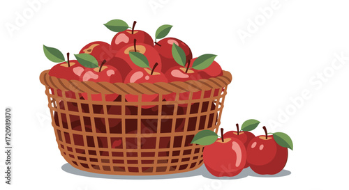 A bountiful harvest of ripe red apples fills a woven basket with a few scattered nearby.