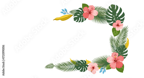 Vibrant tropical floral border with lush green foliage and bright hibiscus flowers.