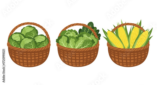 Three woven baskets overflowing with fresh green vegetables and corn.