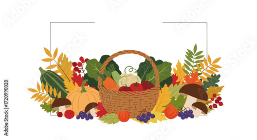 A vibrant harvest basket overflowing with fresh autumn produce and colorful fall foliage.