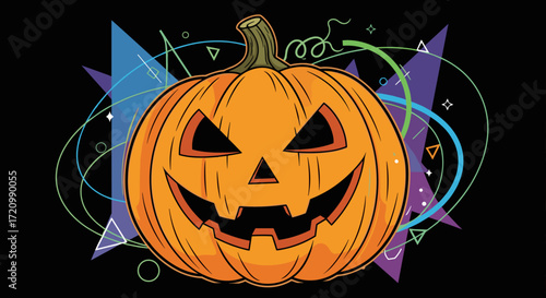 A spooky jack o lantern grinning with a terrifying face on a black background with abstract colorful shapes and swirls.