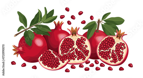 Fresh ripe pomegranates with green leaves and scattered seeds on a white background.