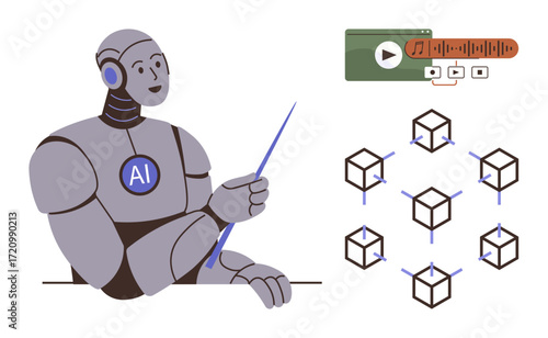 Robot pointing at blockchain diagram with music player UI. Ideal for technology, AI, blockchain, music streaming, education, innovation, and data visualization topics in simple flat metaphor