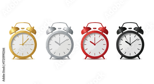 Four vintage alarm clocks in different colors: gold, silver, red, and black, displayed in a row against a white background.