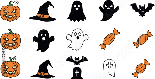 Halloween Icon Grid – Pumpkin, Hat, Ghost, Bat, Candy and Tombstone