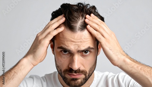 Man examines thinning hair, concerned expression