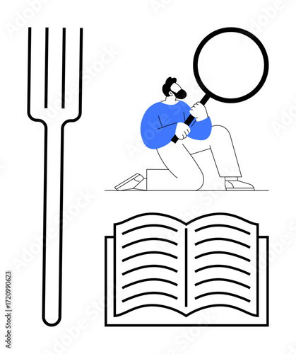 Man kneeling with magnifying glass, open book symbolizing knowledge, and fork for decision-making. Ideal for education, research, analysis, decision-making, learning clarity focus. Simple flat