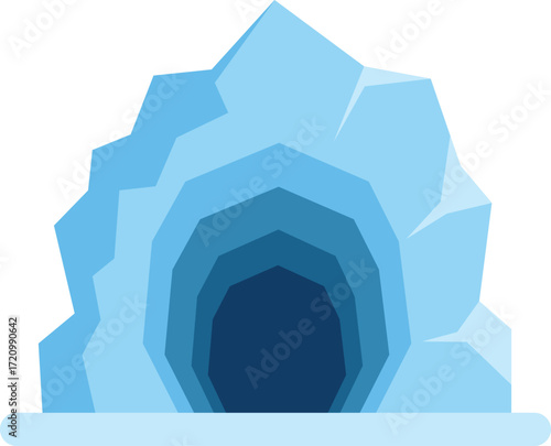 Illustration of an ice cave opening into a dark tunnel, possibly located in an arctic environment, evoking themes of exploration and mystery