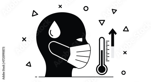 Person wearing a face mask with a thermometer indicating a high temperature