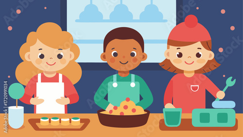 Three children cooking together indoors