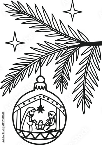 line art christmas nativity ornament hanging on a .eps