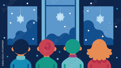 Children watching snowflakes from window