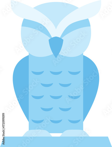 Minimalist vector illustration of a light blue owl standing on a perch, representing concepts like wisdom, knowledge, and nocturnal life