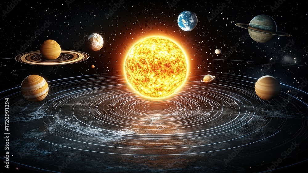Obraz premium 3D solar system with Sun, Venus, Earth, Jupiter and Saturn rolling in the universe 