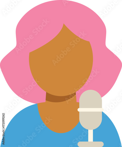 Faceless female podcaster with pink hair using microphone recording audio podcast