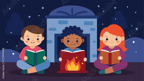 Children reading books by the fireplace