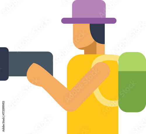 Tourist filming with video camera during mountain trip, backpacker shooting video, travel blogger creating content, adventure travel and hiking