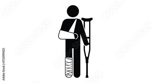 Illustration of a person with a broken arm and leg using crutches
