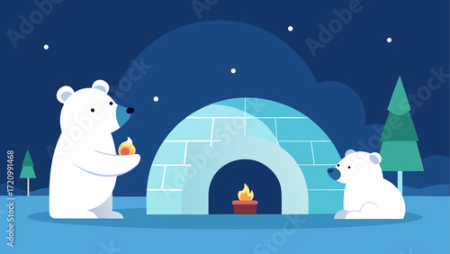 Polar bears in igloo with fire at night