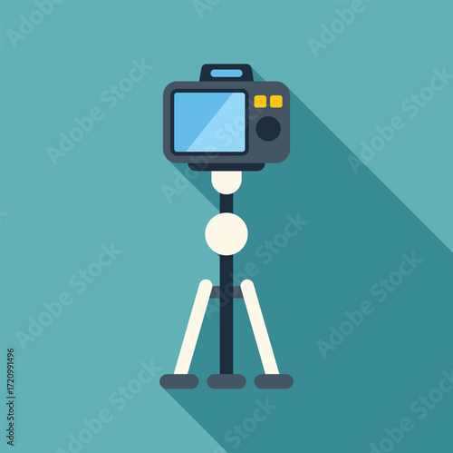 Modern digital camera capturing video or taking photos, mounted on a stable tripod, casting a long shadow in a minimalist style