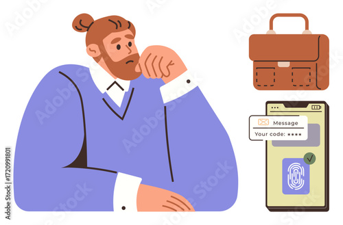 Man in purple sweater pondering, accompanied by a briefcase and smartphone showing a password and fingerprint. Ideal for cybersecurity, business, access control, technology, authentication, secure